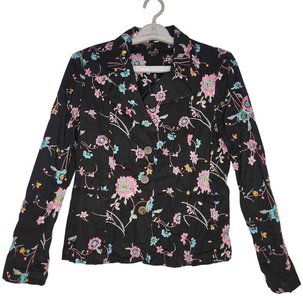 JOHNNY WAS Embroidered‎ Floral Blazer Womens Medium Black Cotton Button Jacket